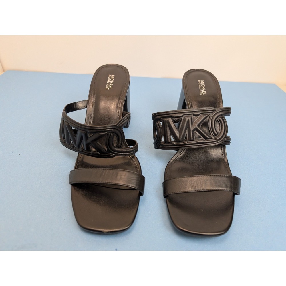 Michael Kors Alma Mid Block Heel Slide Sandal Leather Black Sz 11